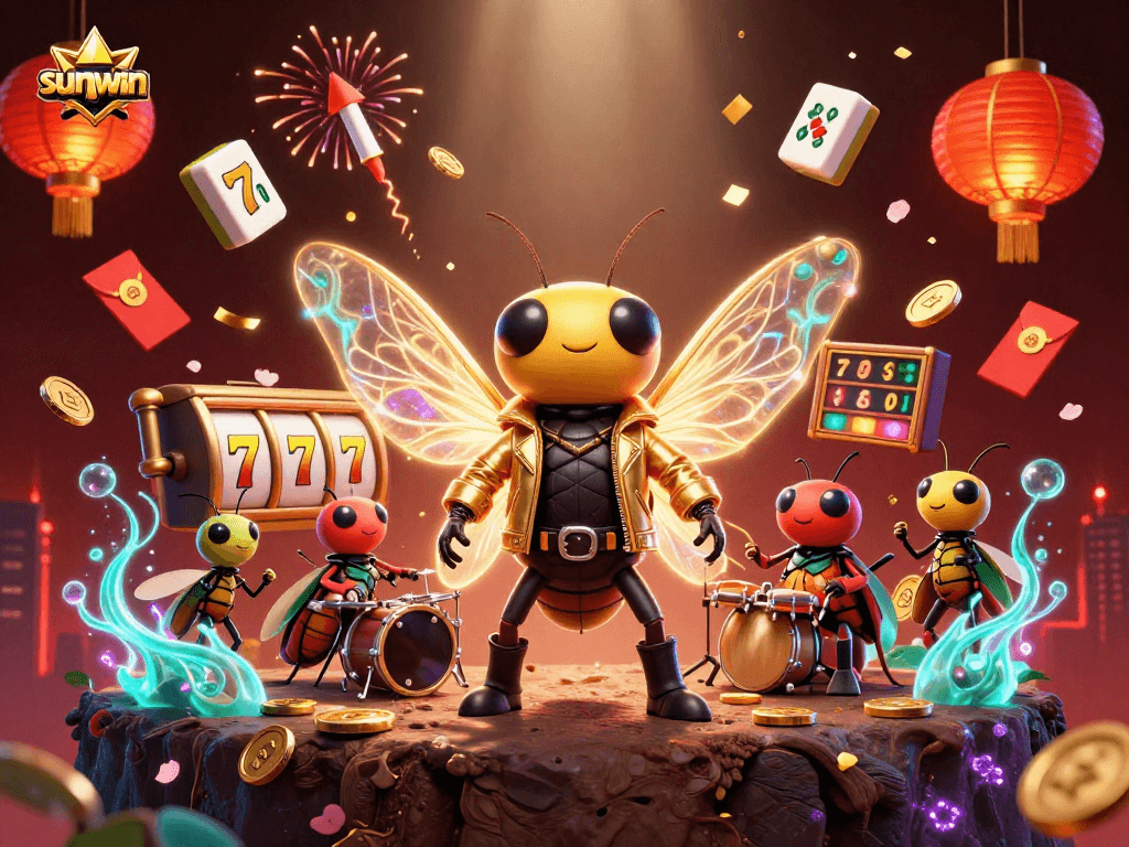 Win big with sunwin at this vibrant 3D rock star casino scene featuring slot reels and poker elements.