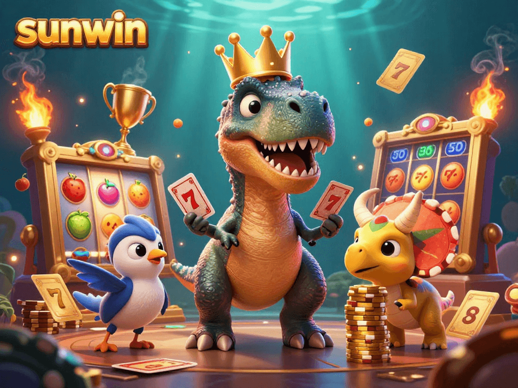 Win big with sunwin as a T-Rex shuffles cards alongside fun casino icons