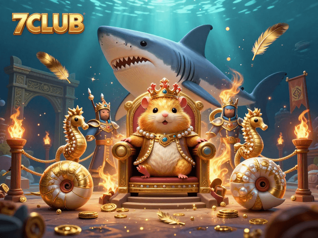 Experience the thrill of casino action at 7CLUB with a vibrant underwater scene featuring a fierce golden hamster king.