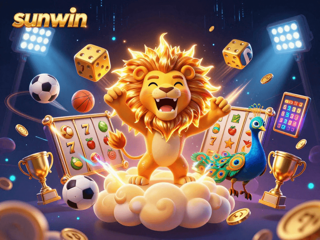 Experience the thrill with sunwin's vibrant scene featuring a roaring sun lion and slot elements.