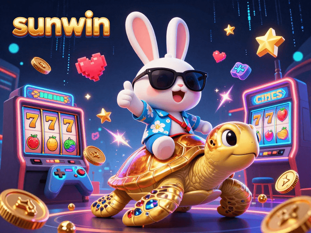 Experience sunwin's vibrant casino world featuring a lucky rabbit and golden turtle amidst slot reels and gaming elements.