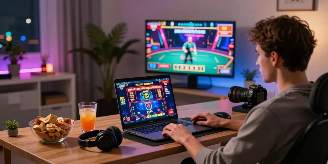 Player enjoying non UK casinos in a stylish home office with vibrant graphics and gaming accessories.