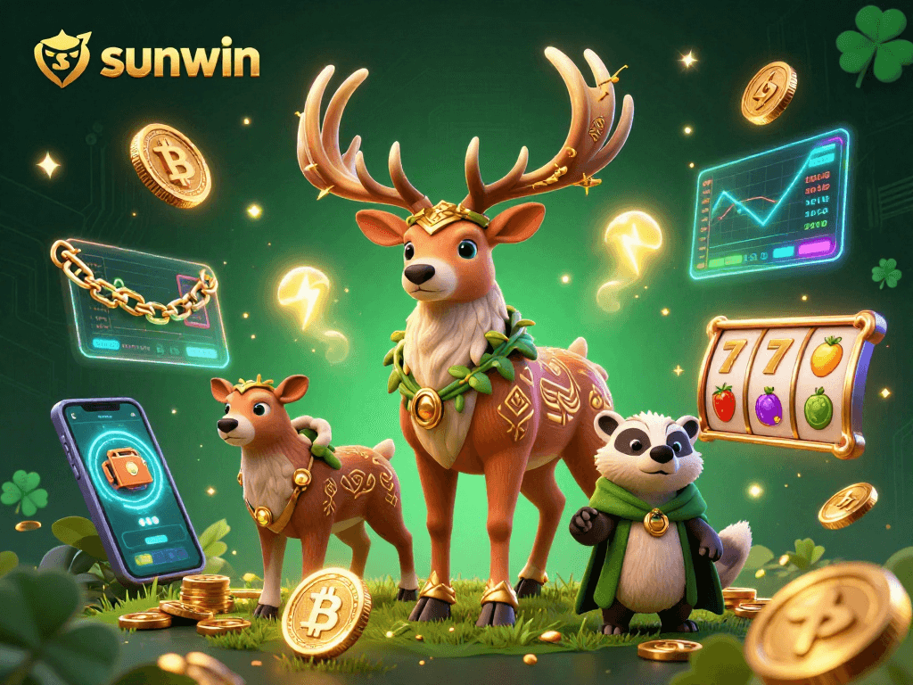 Engage with sunwin at the casino featuring rich 3D visuals of a Celtic druid stag and crypto elements.