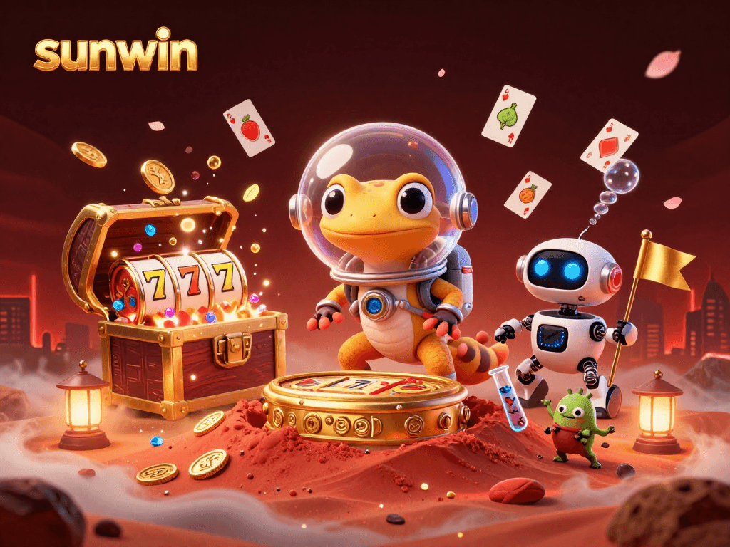 Experience the excitement of winning with sunwin's Martian gecko in a vibrant casino scene featuring colorful slot reels.