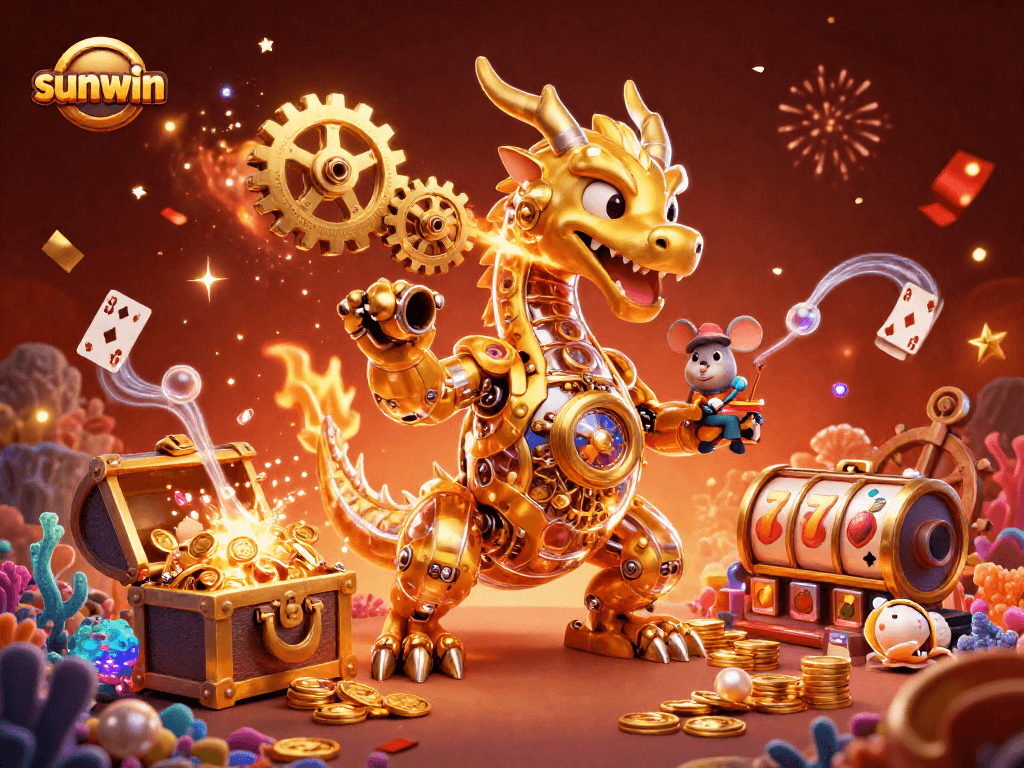 Experience the thrill of sunwin slots with a golden dragon amidst vibrant casino elements.