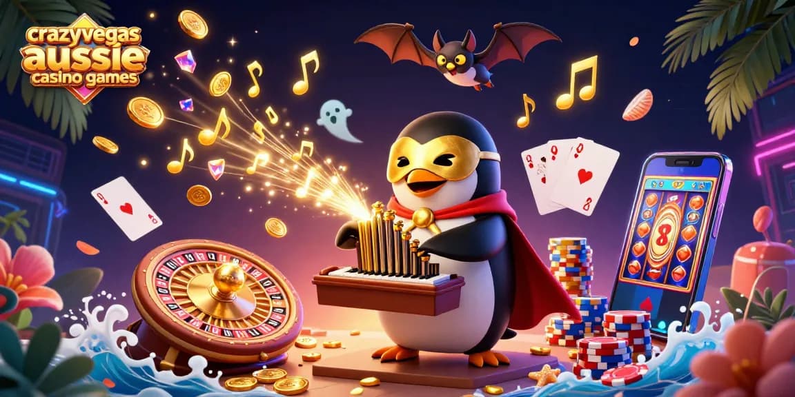 Cascading golden coins and gems surround a phantom penguin, showcasing crazyvegas aussie casino games excitement.