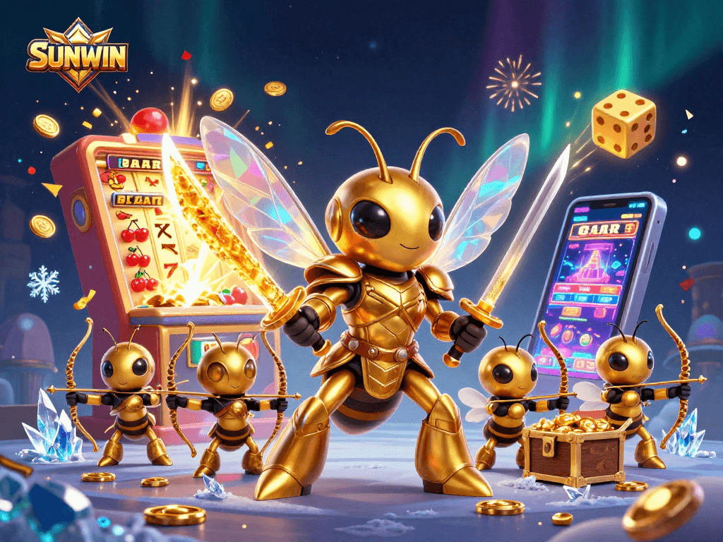 SUNWIN presents a vibrant 3D scene of casino excitement with samurai hornet and bee archers amidst jackpots and colorful games.