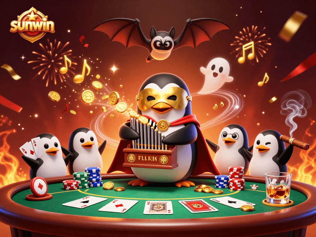 Witness sunwin's thrilling casino atmosphere with a penguin playing magical tunes amidst poker glory.