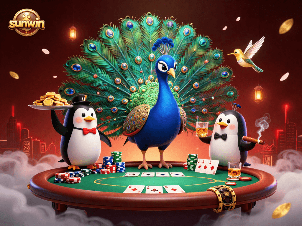 Play sunwin games as an aristocratic peacock and a butler penguin share golden chips at a vibrant casino table.