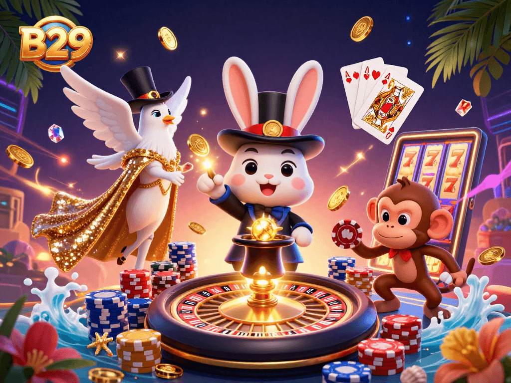 B29 casino scene with a magician rabbit pulling coins and a monkey stealing poker chips, vibrant casino elements.