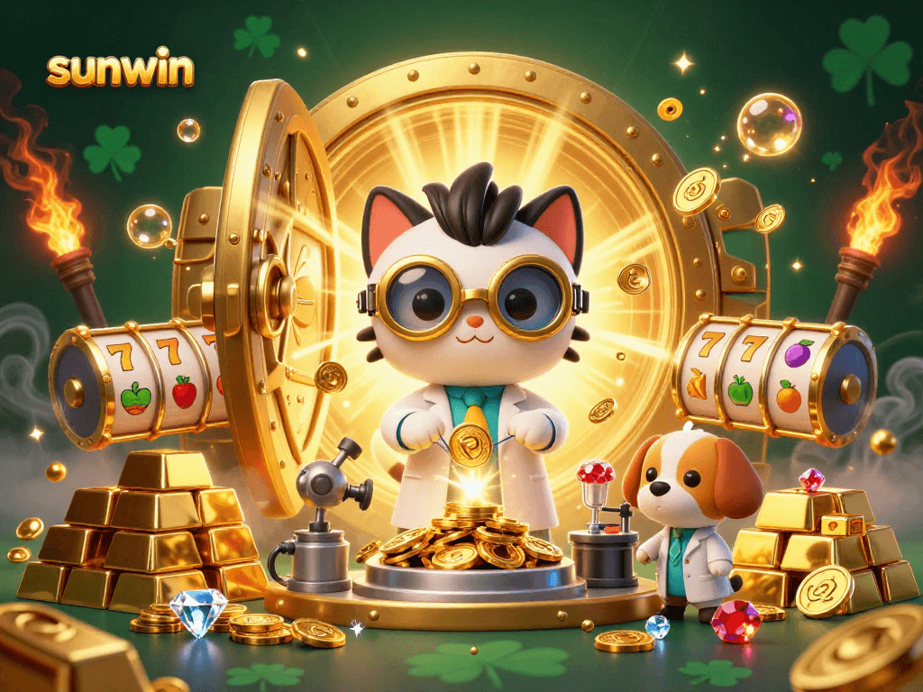Experience thrilling wins at sunwin with a lively 3D illustration of a cat and dog in a casino.