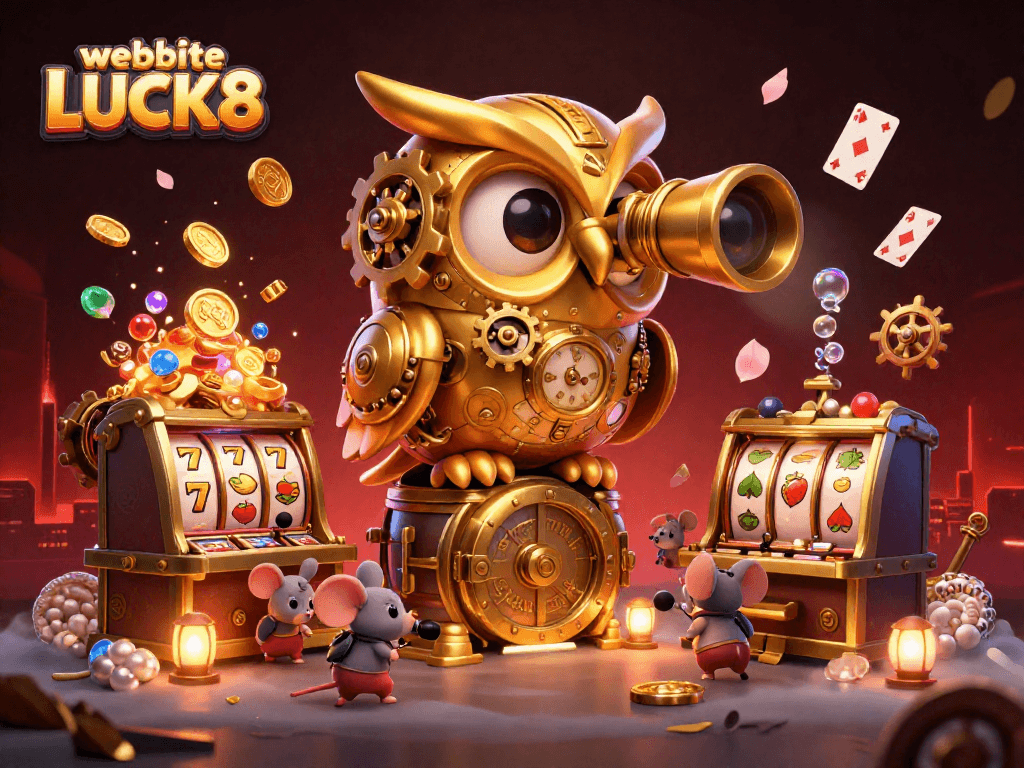 Spin the reels with website LUCK8's golden owl and lively casino scene showcasing jackpots.
