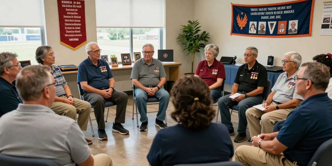 Veterans engaging in peer support session, promoting peer support for veterans through shared experiences and community.