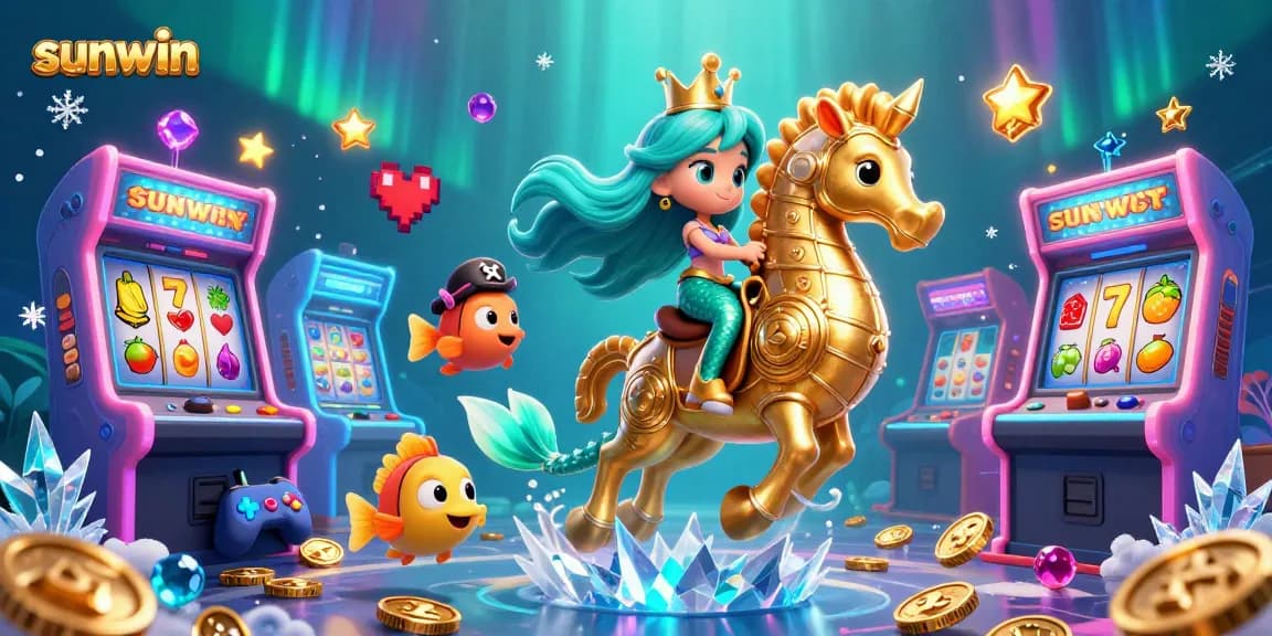 The energetic scene showcasing a mermaid princess and a seahorse embodies sunwin's adventurous gaming spirit.