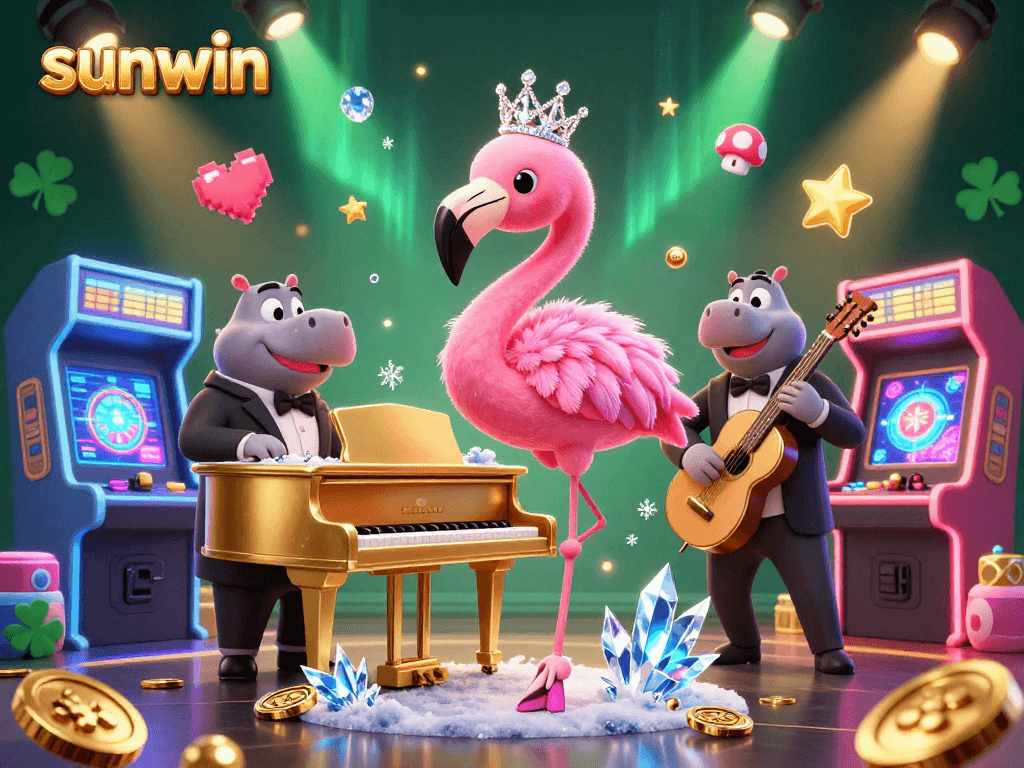 Experience the excitement of sunwin with a vibrant 3D casino scene featuring dynamic game elements and captivating characters.