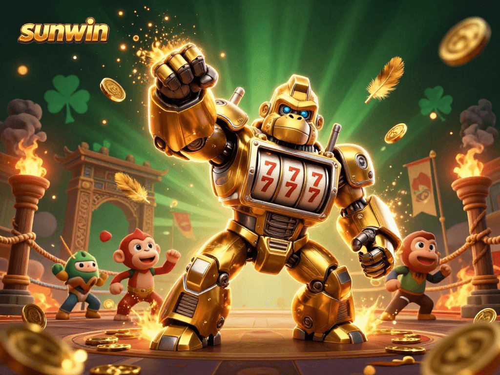 Engage with sunwin through a vibrant scene featuring a victorious golden gorilla mech in a dynamic casino battle.