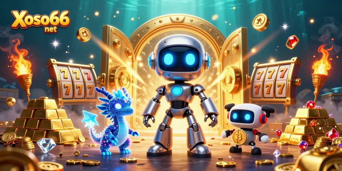 Experience the thrill of winning at Xoso66 net with an exciting 3D casino scene featuring vibrant characters and gold treasures.