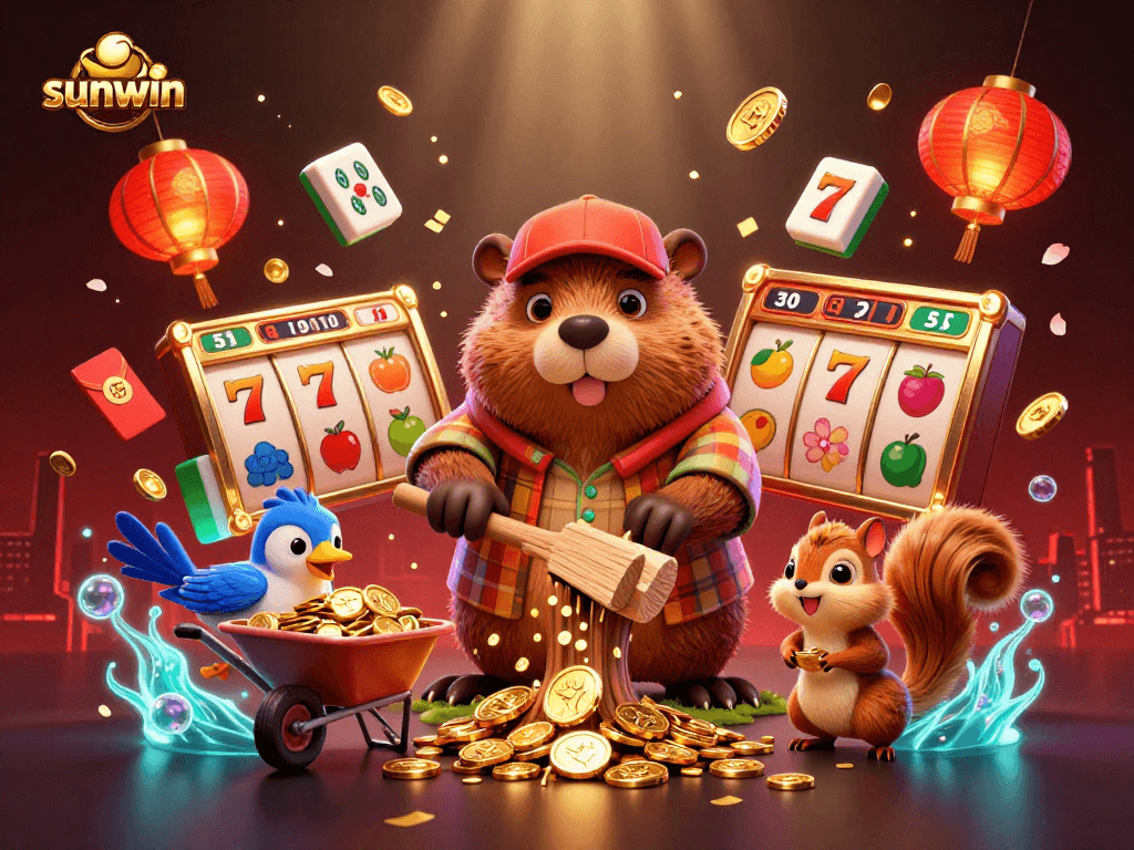 Sunwin casino illustration featuring a lumberjack beaver, coins, slot reels, and vibrant elements