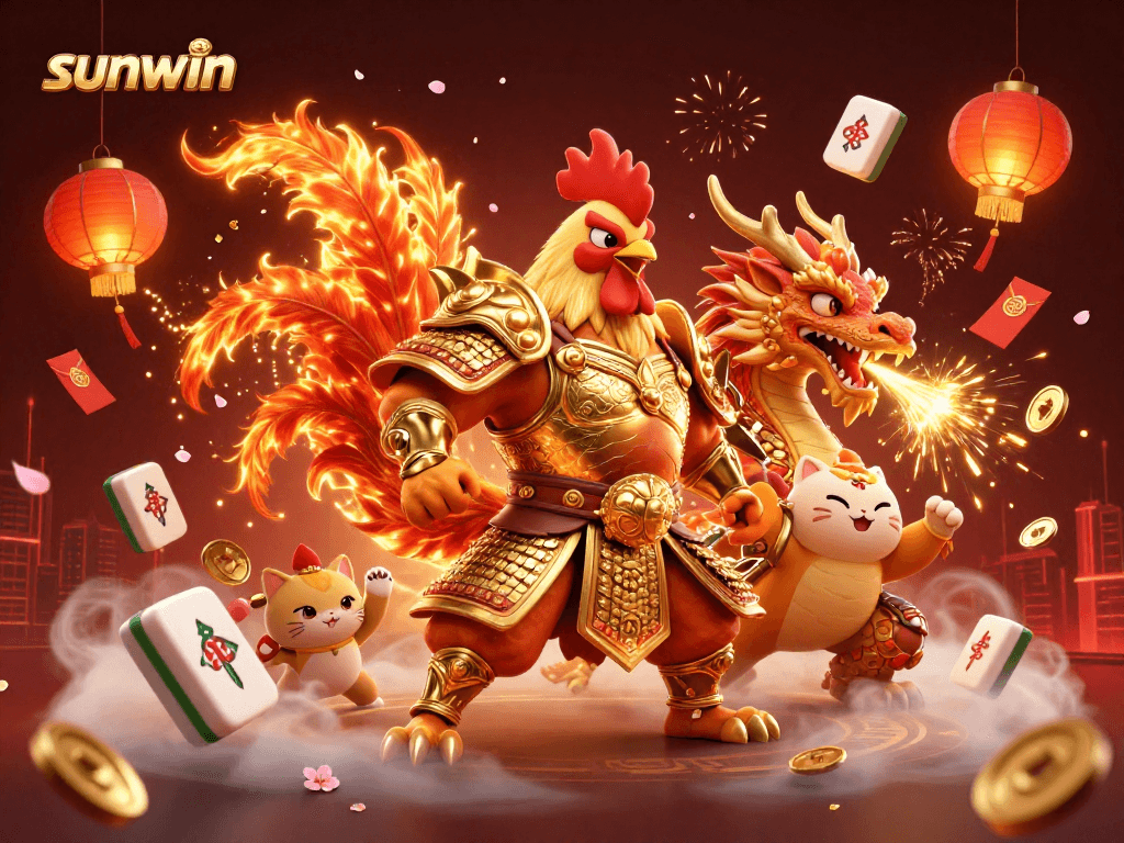 Experience the thrills of sunwin with a dynamic illustration of a warrior rooster, dragon, and fortune cat.