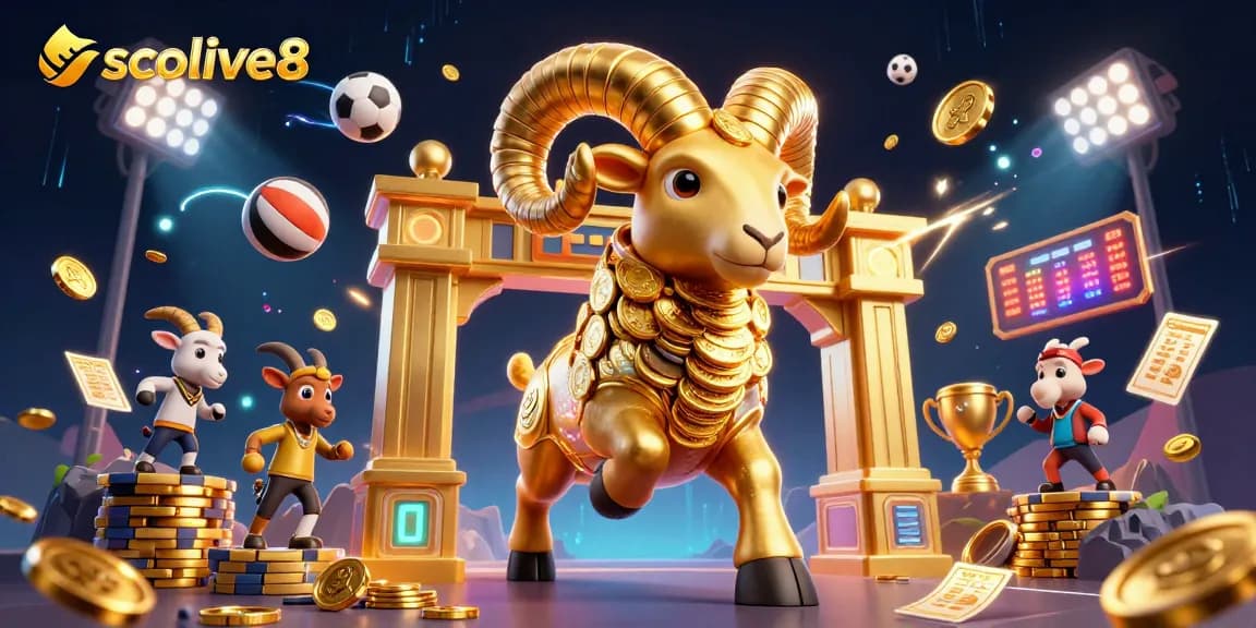 Socolive8 showcases a golden ram charging forward, surrounded by dynamic sports elements in a vibrant gambling scene.
