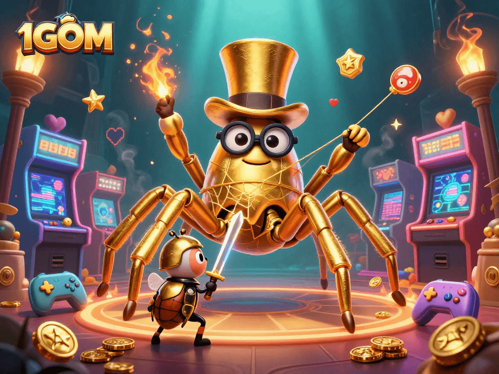 1GOM engages players with a vibrant 3D casino scene filled with dynamic elements and characters.