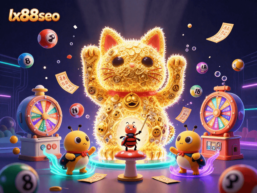 Engage your luck at lx88seo with a vibrant 3D scene of a lucky cat amidst colorful casino symbols.