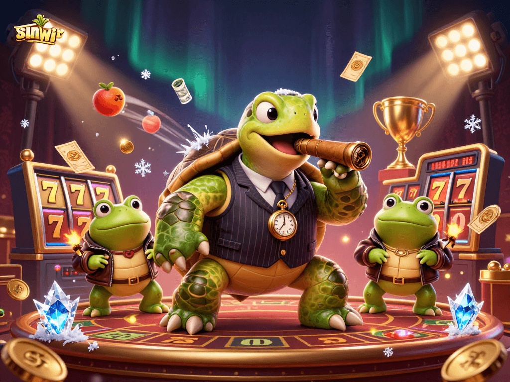 Engage with sunwin’s thrilling world as a cartoon turtle and frog characters enjoy slots and jackpots.