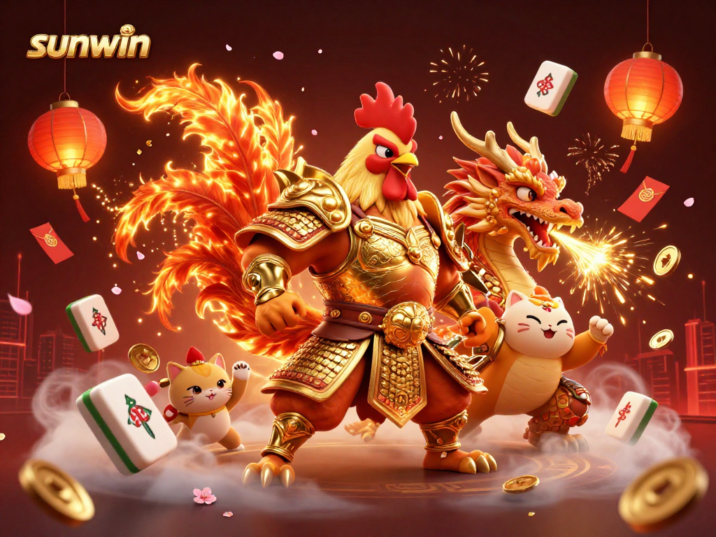 Experience the thrills of sunwin with a dynamic illustration of a warrior rooster, dragon, and fortune cat.