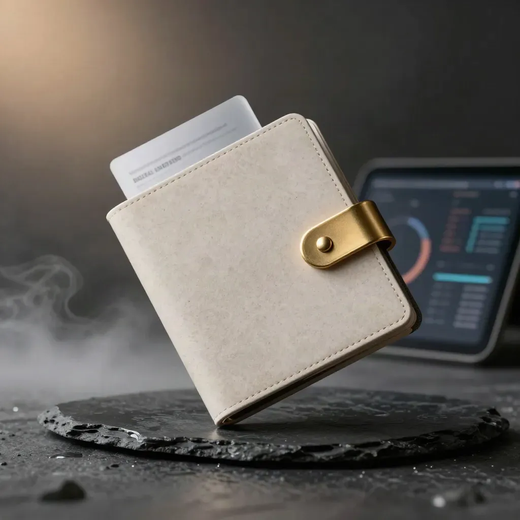 Stone SEO audit folio hovering over slate with frosted overlays and brass clasp in cool mist.