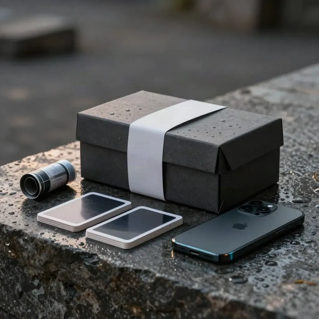 Charcoal growth box, rolled tube, card decks and phone shell on wet stone at dusk.