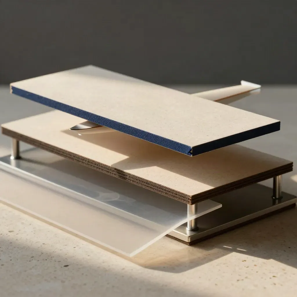 Layered website maquette in travertine light with navy accents and brushed metal rails