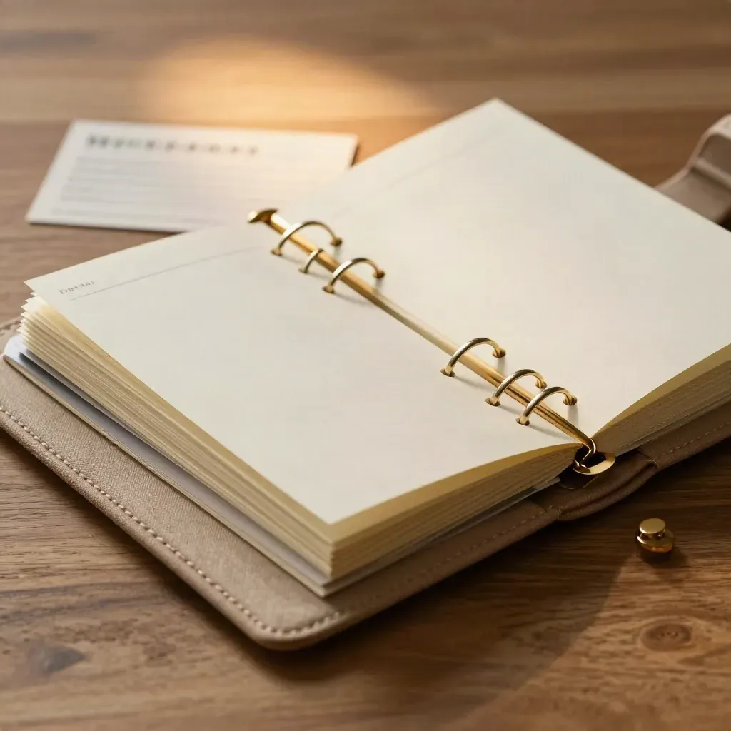 Accordion planning folio fanned open on warm walnut with gold ring cards and soft blurred props.
