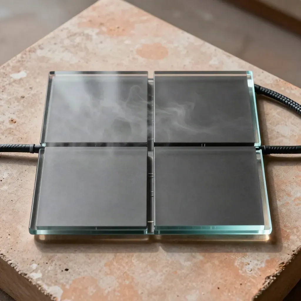 Overhead macro of glass dashboard tile, data modules, and coiled cable on pale terracotta concrete.