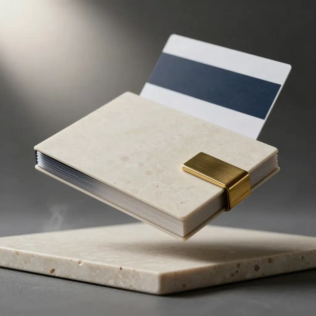Pale travertine SEO audit folio with brass clip and translucent overlays on a misty slab.
