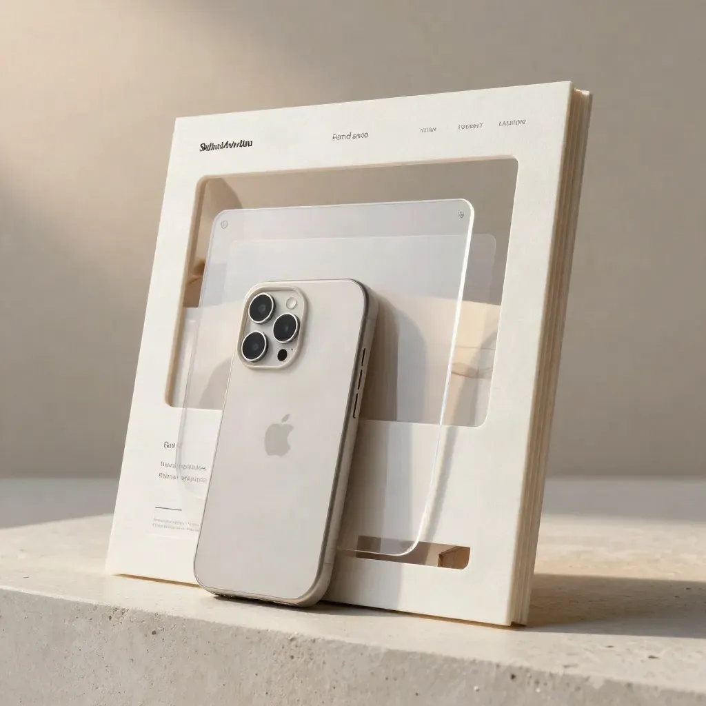 Off-white website mockup panels, matte phone shell, and acetate sheets in a soft haze.