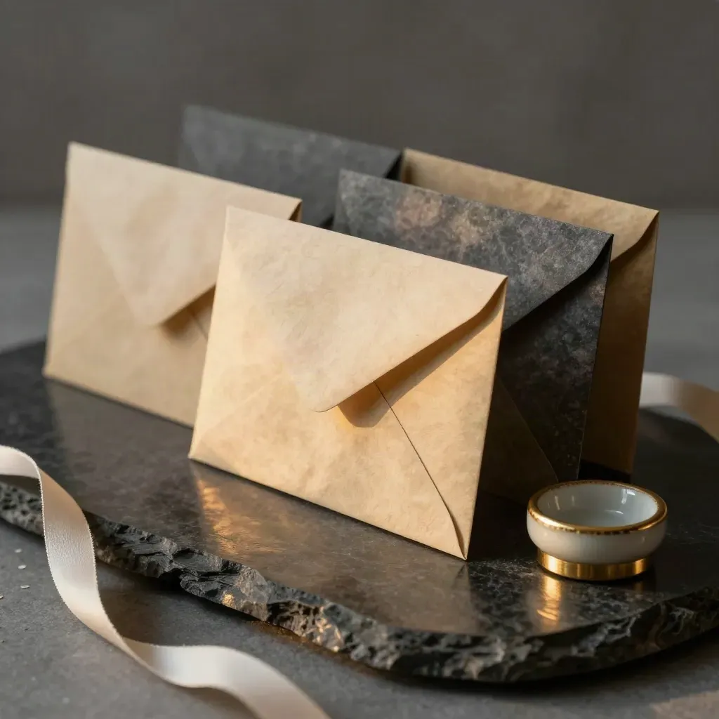 Tactile email nurture pack cards arcing on dark stone with a ceramic weight and gold accent.