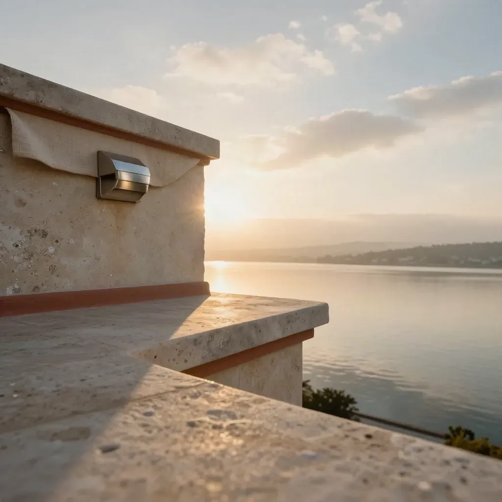 Sunlit rooftop limestone ledge above hazy water and skyline, calm open space for web design copy.