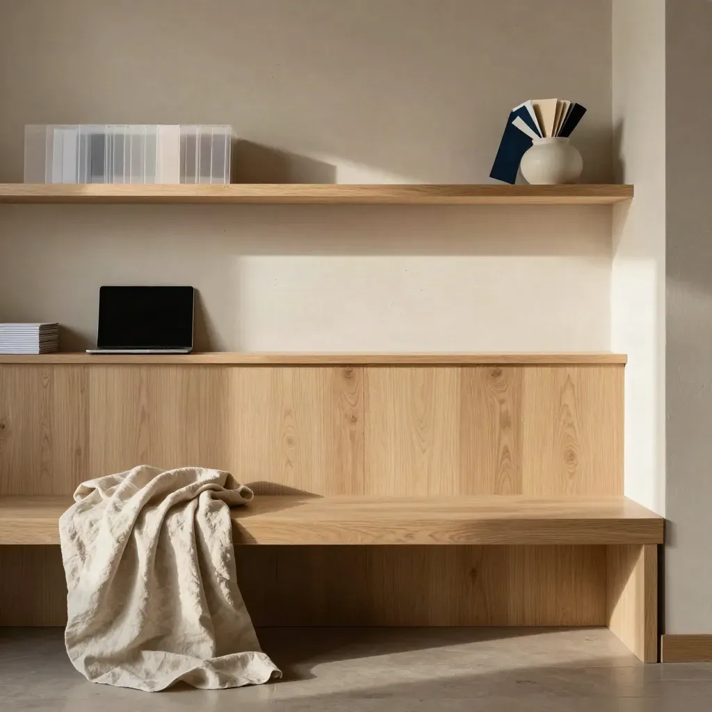 Oak-paneled content planning nook with linen, plaster texture, and soft neutral agency light