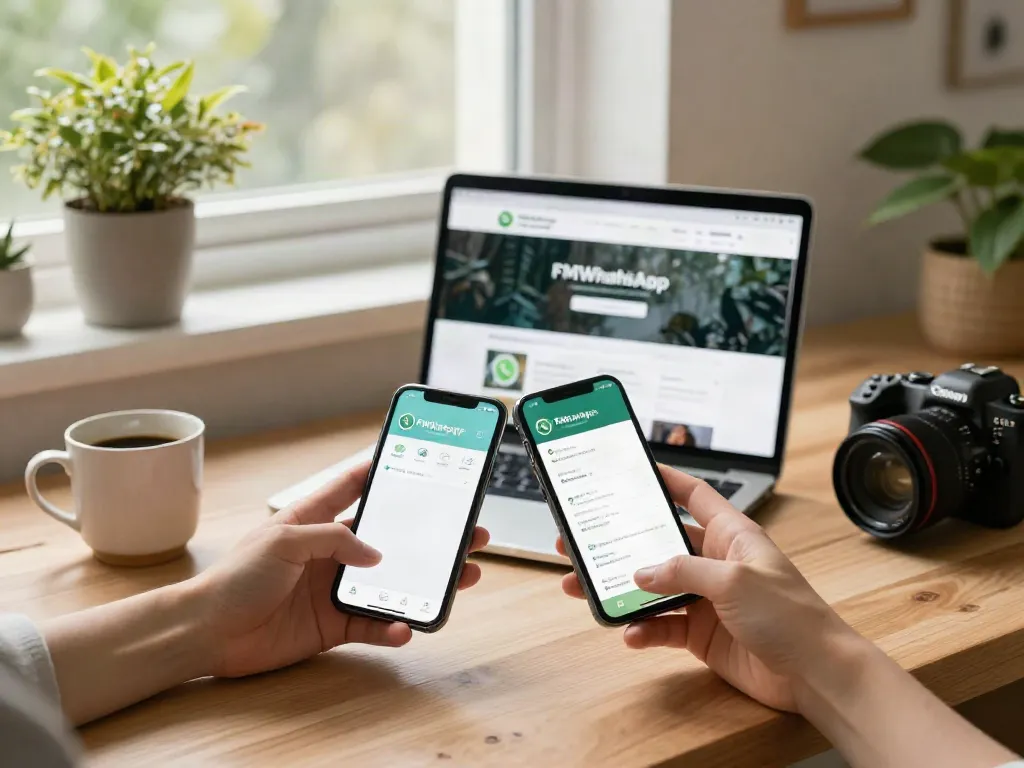 Enjoy downloading FMWhatsApp APK for 2026 on your smartphone while working in a cozy study.
