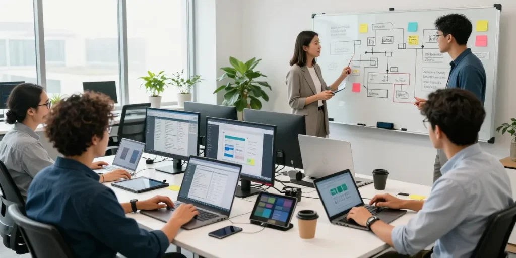 Dynamic collaboration scene at the WPS Official Website office, showcasing innovative teamwork and creativity